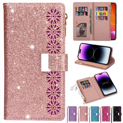 China With Zipper Se 13 12 11 iPhone 14 Snap Magnetic Flip Leather Case For 2022 XS XR Max 8 Pro Stand Wallet Multi-Card Laser Powder Plus 7 6S for sale