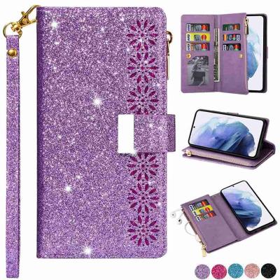 China With Stand Wallet Multi Card Laser Powder Zipper Flip Leather Case For Samsung Galaxy S23 Ultra S22 S21 Plus S20 Fe A14 A34 A53 A54 for sale