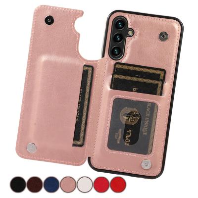 China With Solid Galaxy S23 Ultra S22 Flip Leather Case For Samsung Dual Stand Wallet Button Fe A13 A14 A33 A51 A52 A53 A54 A71 S21 S20 for sale