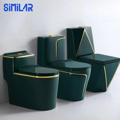 China Dual-Flush SIMILAR Factory Freestanding Ceramic Green Toilet With Gold Trim One Piece Toilet for sale