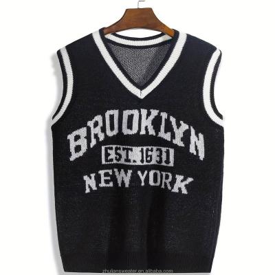 China Anti-wrinkle Custom Letter Pattern V Neck Knitted Vest Men Casual Vest Custom Logo Brand Name Sleeveless Cotton Standard Autumn 100% Cotton for sale