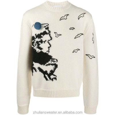 China Anti-wrinkle Custom Thick Intarsia Pattern Knit Jacquard Wool Sweater Men Pullover Knitted Sweater Jumper Mens for sale