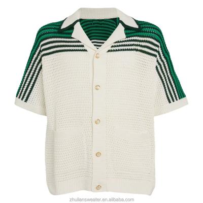 China QUICK DRY Custom Casual  Fashion Men's Cotton Knitwear Cardigan Green And White With Pockets Short Sleeve Shorts Men's Knitted Shirt for sale