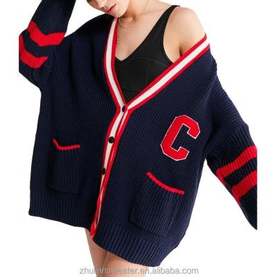 China Anti-wrinkle Custom Knitted Sweater Manufacturer Custom Long Cardigan Sweater Women Knit Letter Pocket Letterman Cardigan Varsity Sweater for sale