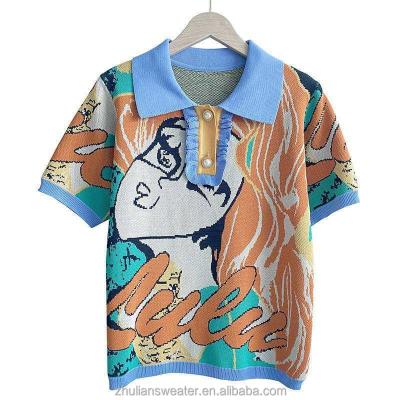 China Anti-wrinkle Custom Casual Abstract Cartoon Sweater Top Printed Pattern Jacquard Knit Pullover New Fashion Thin Knit Pullover for sale