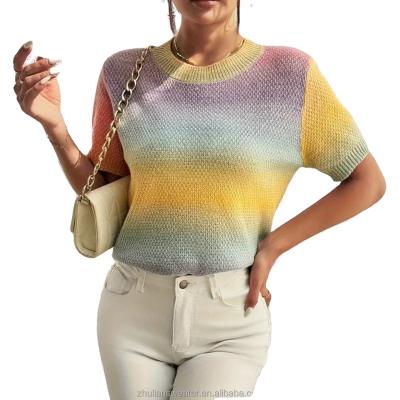 China Anti-wrinkle Custom Elegant Rainbow Color Short Sleeve Knit Sweater Women's Pullover Top For a Chic Look for sale