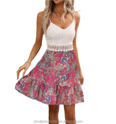 China Anti-Static Custom Fashion V-Neck Backless Design Elegant Floral Printed Lace Halter Dresses For Women for sale