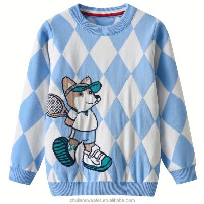 China Anti-wrinkle Custom Diamond Pattern Sweater Knitted Pullover Cute Dog Jacquard Long Sleeve Top Kids Spring Autumn Winter Clothing for sale