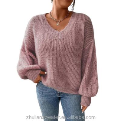 China Anti-wrinkle Custom Design Knitted Sweaters Woman Plus Lantern Sleeve Ribbed Knit Pink V Neck Sweater for sale