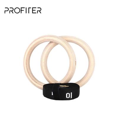 China Custom Beech Wood Logo Fitness Strength Training Wooden Gym Ring With Adjustable Nylon Straps for sale