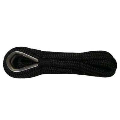 China High Strength 12mm*6m Black Polyester Rope Anchor Nylon Double Braided Rope With SS Ring For Marine for sale