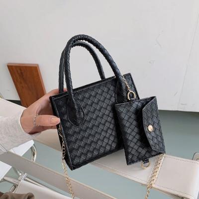 China Wholesale high quality custom 2 in1 woven zipper black lady women women bags fashion mini chain purse and tote bag set black handbag for sale