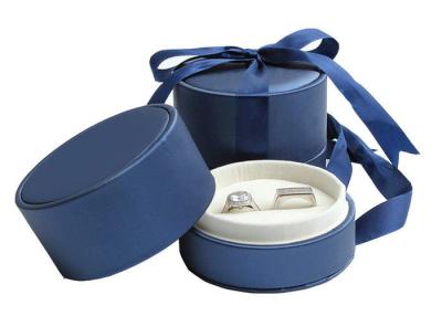 China Wedding Double Rings Jewelry Paper Boxes With Ribbon Dark Blue for sale