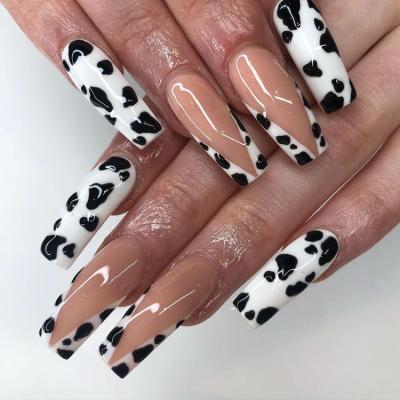 China New Fashion Dairy Cow Coffin Nails Long Artificial Nails Leopard Fake French Nail Fake Nails for sale