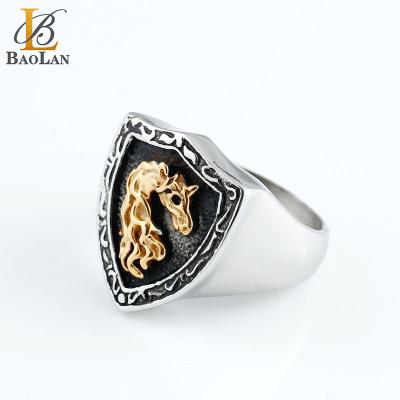 China High Quality Mens Gold Black Horse Shield Silver Punk Rock Biker Hiphop New Stainless Steel Design Hot Sale Gift for sale