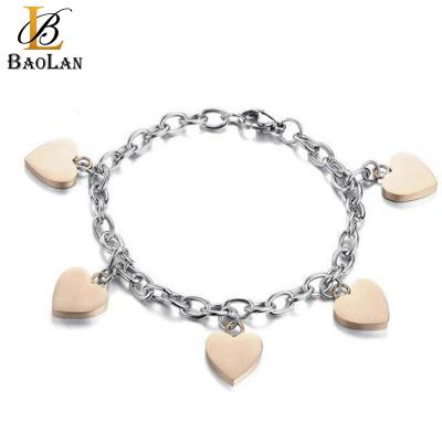 China Romantic Valentine Gift For Women Stainless Steel Rose Gold Tone Heart Charms Rolo Chain Bracelet Anniversary High Quality for sale