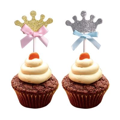 China Glitter Safe Crown with Bowknot Cupcake Toppers for Birthday Party Cake Decoration for sale