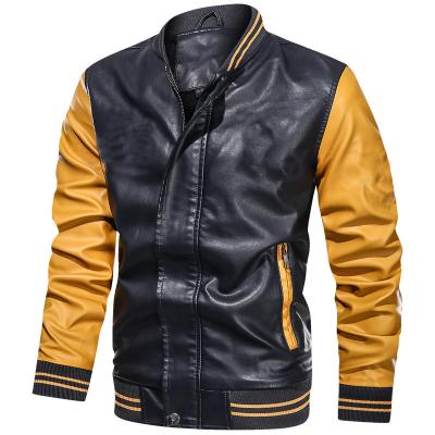 China MJP143D Waterproof Mens Fleece PU Baseball Jacket Dot Stitch Leather Bomber Jacket for sale