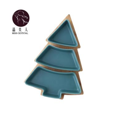 China Creative Cartoon Style The Christmas Tree Shape Ceramic Dish For Restaurant Party With Bamboo Base Plate For Wedding Christmas for sale