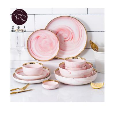 China Sustainable Household Rose Gold Dinnerware Rims Ceramic Bowl And Dish Set Round Marble Texture Dinnerware Set for sale