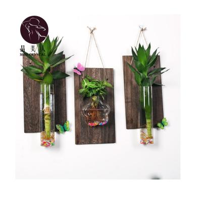 China Asian Zen Vintage Home Decor Flower Glass Pot Wall Vase in Wooden Rack Hydroponic Plants for sale