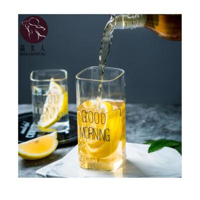 China Single Layer Tea Juice Cup Office Water Cup Hello Borosilicate Glass Pattern Scandinavian Lead Free Clear Rectangle Cup for sale