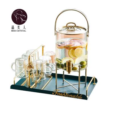 China Large Capacity Cold Water Pitcher Viable Glass Household With Faucet Cups Wine Juice Barrel Heat Resistant Metal Holder Water Bottle for sale