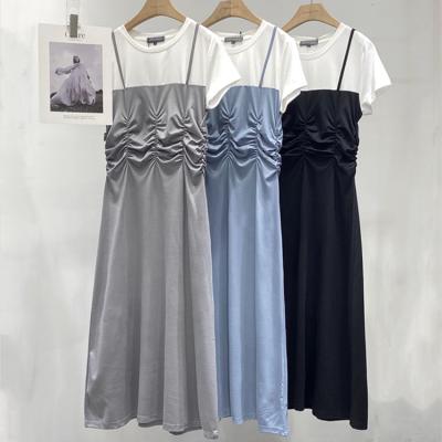 China Anti-Static Patchwork Cascading Ruffle Simple Elegant Casual T-shirt Spaghetti Dresses Sling A Line Ladies Vestidos for sale