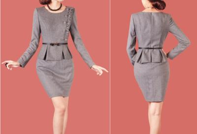 China Fashion Ladies Business Suits , Women's Gray Knee Length Peplum Dress for sale