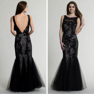 China Backless Scoop Sleeveless Black Appliques Tulle Formal Evening Dresses For Cocktail Party for sale