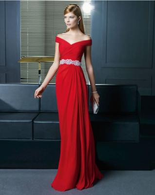 China Red Elegant Strapless Beaded A-Line Chiffon Full Length Gowns Cocktail Dresses for sale