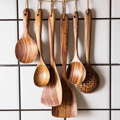 China Combohome Stocked Wooden Spatula Set 8 Pcs Natural Teak Kitchen Cookware Wooden Spoon for sale