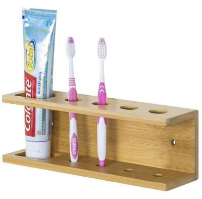 China Wall Mounted Type Adhesive Bathroom Shelf 5-Slot Bamboo Toothbrush Combohome Bathroom Shelf Storage Organizer for sale