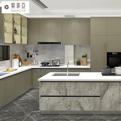 China Easy Clean Suofeiya Cambodia Project Island Luxury Aluminum Profile Sideboard Glass Hanging Cabinet For Kitchen for sale