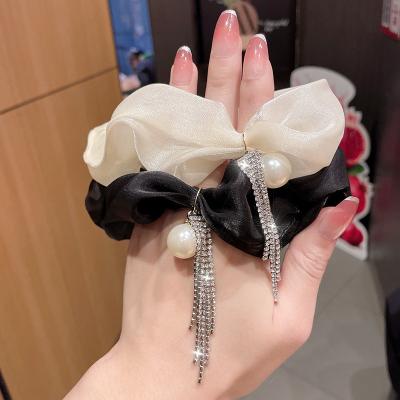 China Hair Accessories Shape Large Intestine Single Elastic Band Organza Hair Ring White Rhinestone Tassel Hair Rope for sale