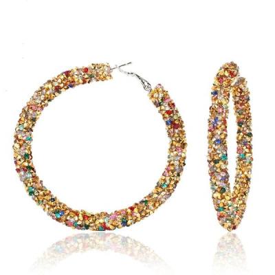 China Fashion Alloy Ethnic Sliver Plated Big Circle Diamond Rhinestone Glitter Hoop Earrings For Women for sale