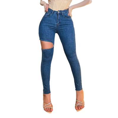 China Viable High Quality Casual Women's Elastic Waist Destroyed Lady Ripped Jeans for sale