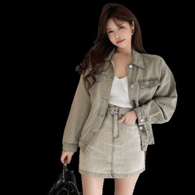 China Custom Ladies Waterproof Casual Long Sleeve Denim Jacket Ladies Classic Denim Jacket Split Skirt Two Piece Set for sale