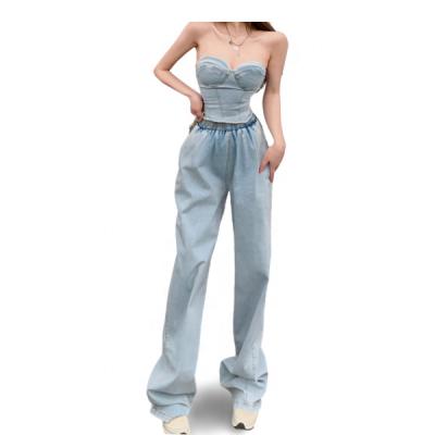 China Best Selling Fashion Tube Waterproof Top Blue Denim Sets High Elastic Waist Wide Leg Pants Teams Pants Two Piece Set for sale