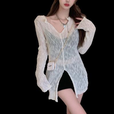 China Anti-wrinkle 2022 summer new beach knitted sunscreen clothing knitted hollow solid color beach blouse sunscreen sexy women for sale