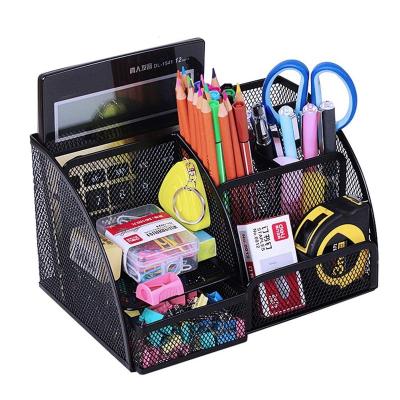 China Multifunctional Storage 5 Compartments Office Stationery Office Supplies Black Metal Mesh Desk Organizer For Pencil Pen Holder for sale