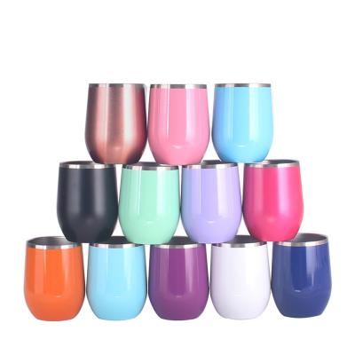 China Custom Wholesale PORTABLE Travel Coffee Mugs 12oz Stainless Steel Egg Shape Stemless Insulated Wine Tumbler Cups With Lid And Straw for sale