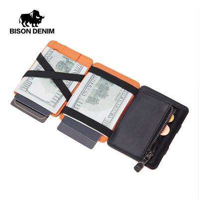 China BISON DENIM Triple Slim Rifd Leather Magic Wallet RFID Blocking Credit Card Holder Mini Purse Coin Pocket for sale