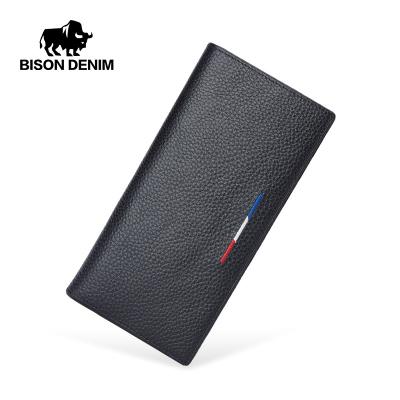 China Custom Genuine BISON DENIM Leather Men's RFID Wallet RFID Blocking Passport Cover Men's Long Purse Wallet For Credit Card Holder for sale