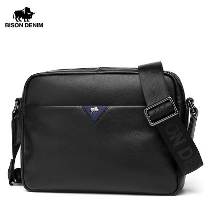 China BISON GENUINE DENIM LEATHER Genuine Leather Men Shoulder Bag Zipper Messenger Bag Large Capacity Cross - Body Bag For Men for sale