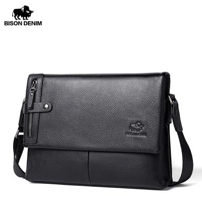 China BISON GENUINE DENIM LEATHER Genuine Leather Cross - Body Bags Padded Business Handbag Male Flap Zipper Shoulder Bags Male for sale