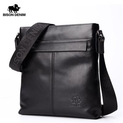 China BISON GENUINE LEATHER DENIM Brand Men Shoulder Bag Pad Black Genuine Cowhide Leather Cross 10.5