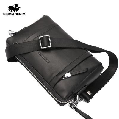 China BISON DENIM 100% GENUINE LEATHER Guarantee Genuine Leather Cross - Body Bag Black Messenger Bag Men Clutch Bag Zipper Wallet for sale