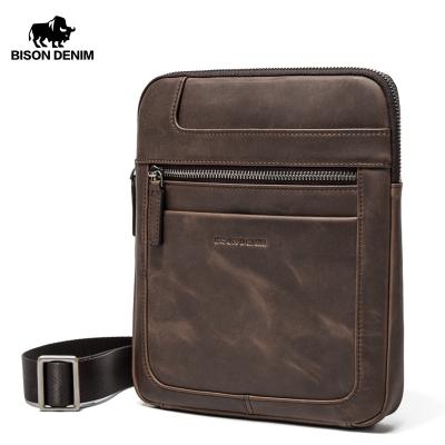 China BISON Brand GENUINE DENIM LEATHER Genuine Leather Cross - Body Bag Men Slim Shoulder Bag BusinessTravel Protective Men Male Messenger Bags for sale