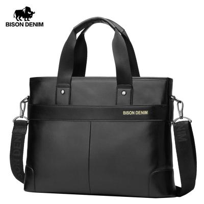 China Male BISON DENIM COWHIDE DENIM LEATHER Briefcase Laptop Handbag GENUINE LEATHER Business Travel Bag Computer Shoulder Cross - Body Bag Messenger for sale